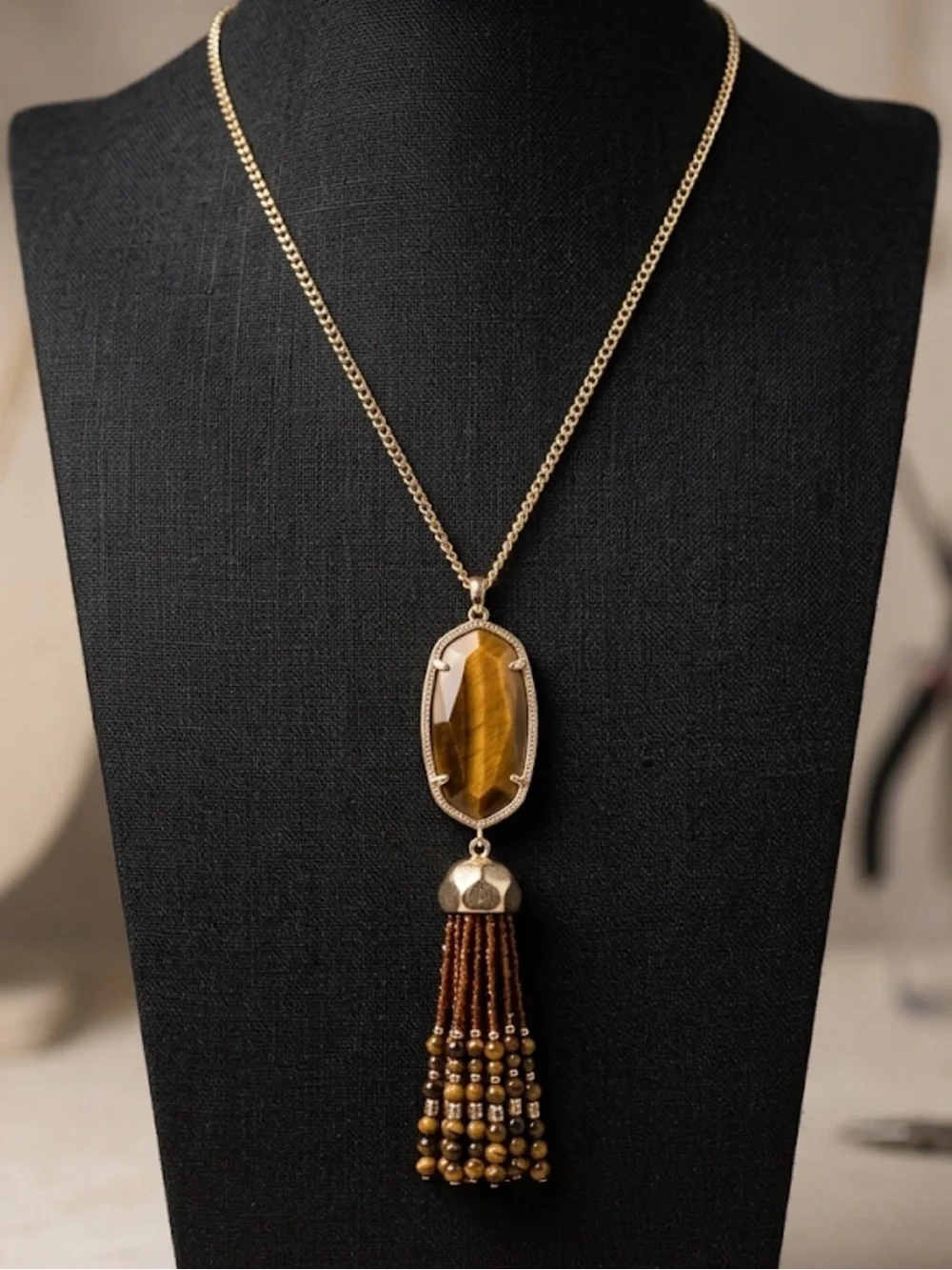 Kendra Scott  Eva Gold Long Pendant Necklace in Brown Tiger's Eye 2474